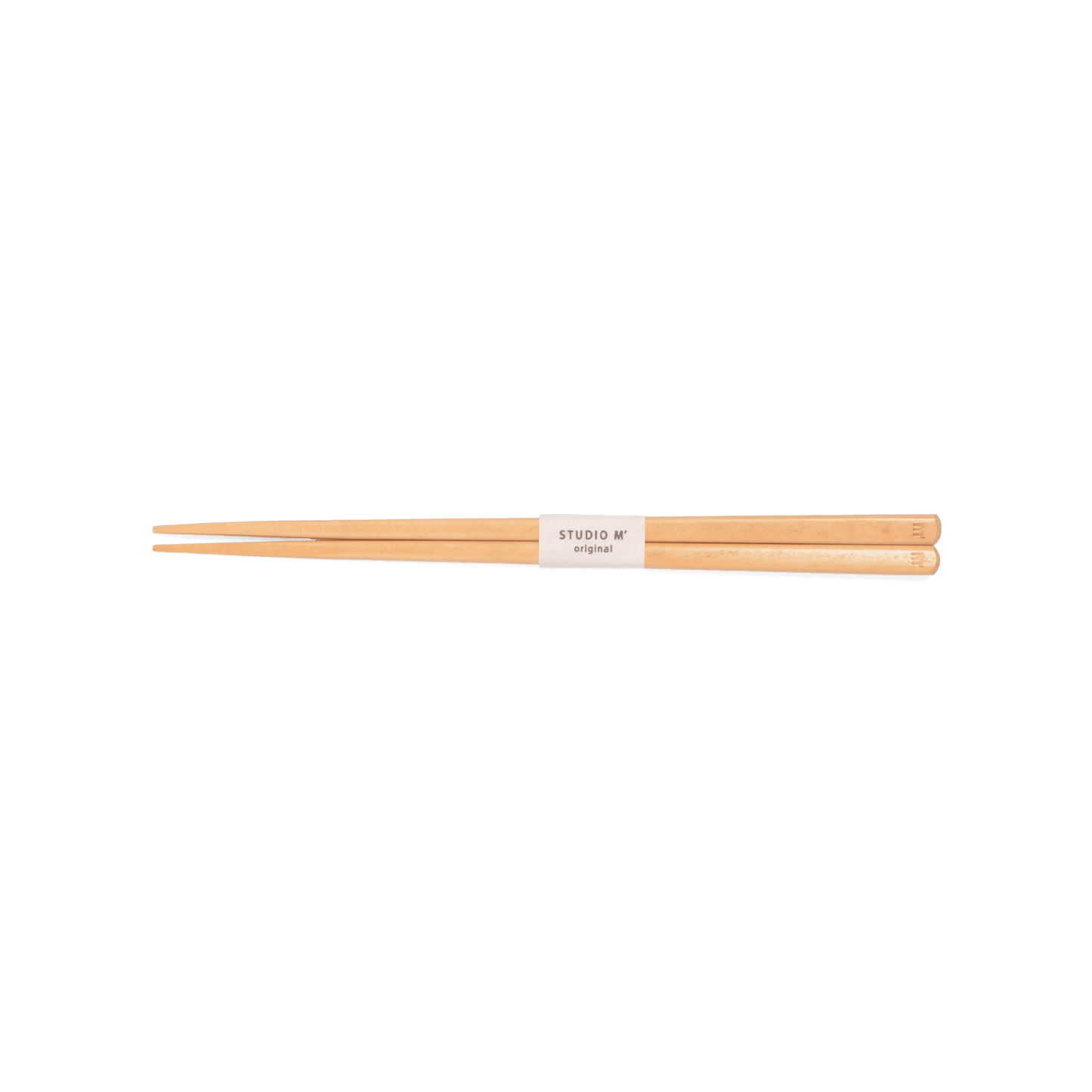 A pack shot of Studio M' Gros Maple Chopsticks 22.5cm featuring a comfortably thick, rounded profile, a smooth, pale blonde natural wood grain, and precision square tips.
