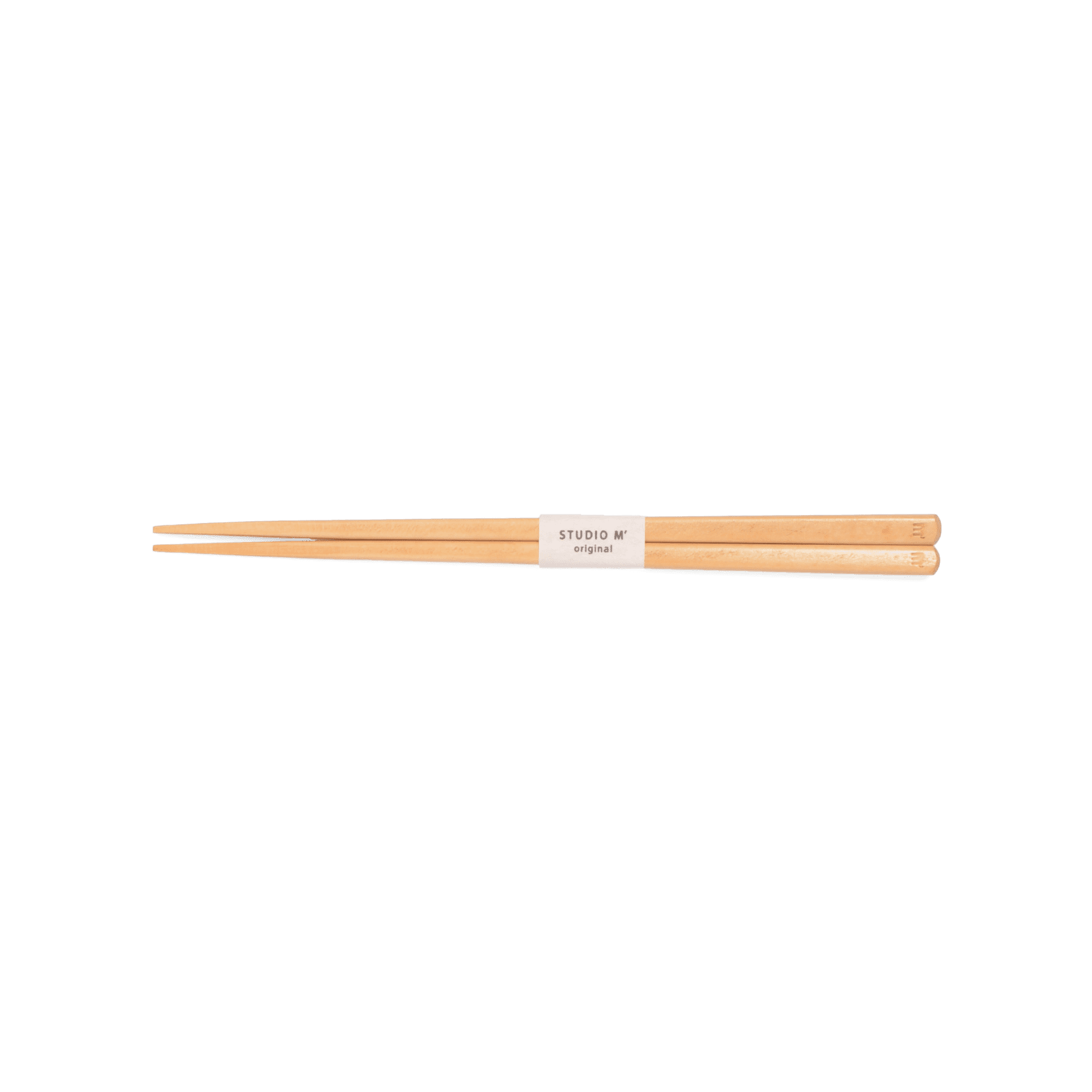 A pack shot of Studio M' Gros Maple Chopsticks 22.5cm featuring a comfortably thick, rounded profile, a smooth, pale blonde natural wood grain, and precision square tips.