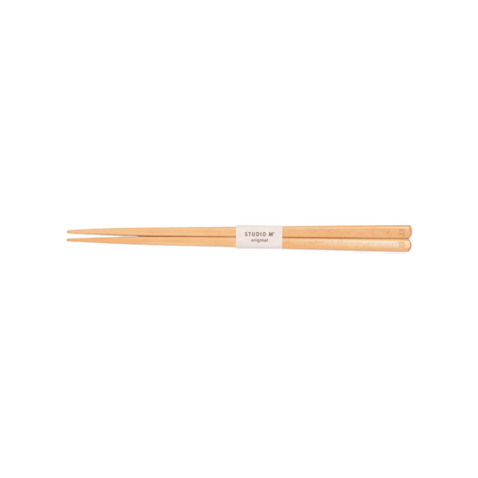 A pack shot of Studio M' Gros Maple Chopsticks 22.5cm featuring a comfortably thick, rounded profile, a smooth, pale blonde natural wood grain, and precision square tips.