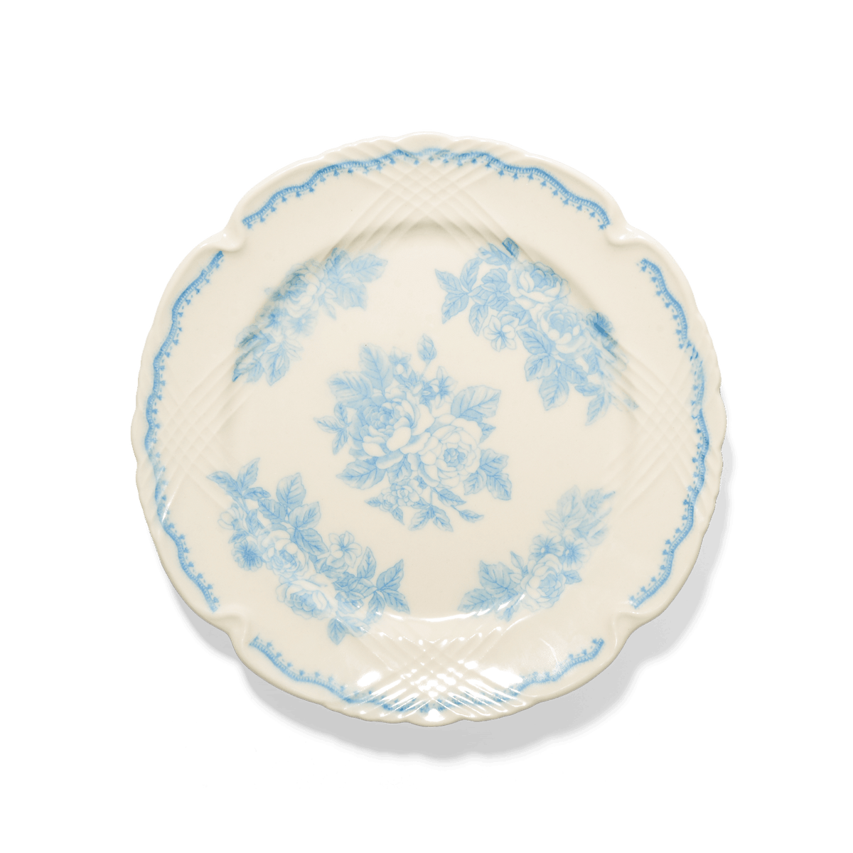Studio M La Paix Rose 20cm white porcelain plate with blue rose print and scalloped rim