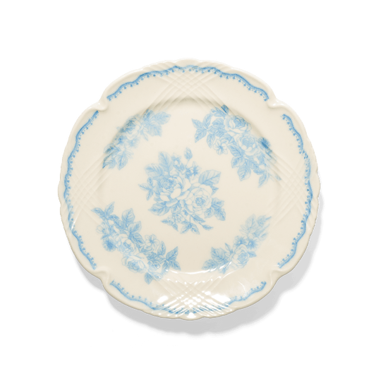 Studio M La Paix Rose 20cm white porcelain plate with blue rose print and scalloped rim