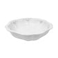 A 21cm handmade milky-white ceramic salad bowl by Carron Paris, featuring a sculpted Marie-Antoinette ribbon and knot design around the outer rim. A photo taken from the side angle.