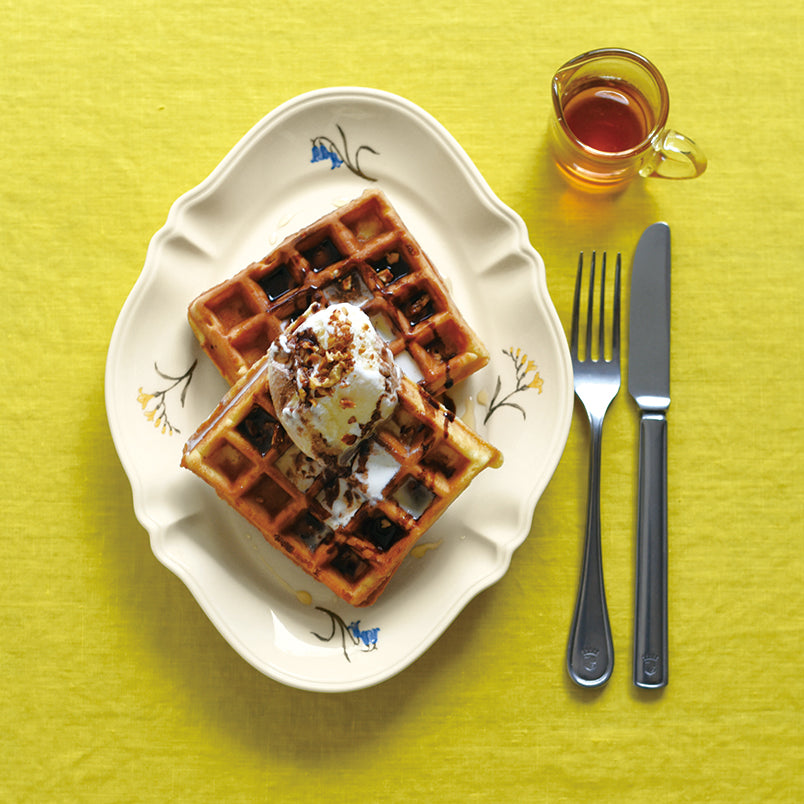 Studio M' Mignardises Plate in a beautiful smooth glaze, serving waffles at breakfast. 