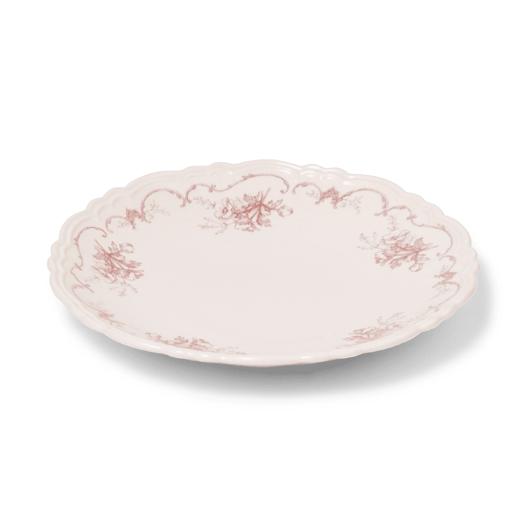 A pack shot of Studio M' Moment Plate 24cm in pink glaze, from a side angle.