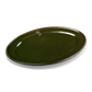 A pack shot of Studio M' Malta Oval Plate 28cm in an earthy green glaze from the side angle. 