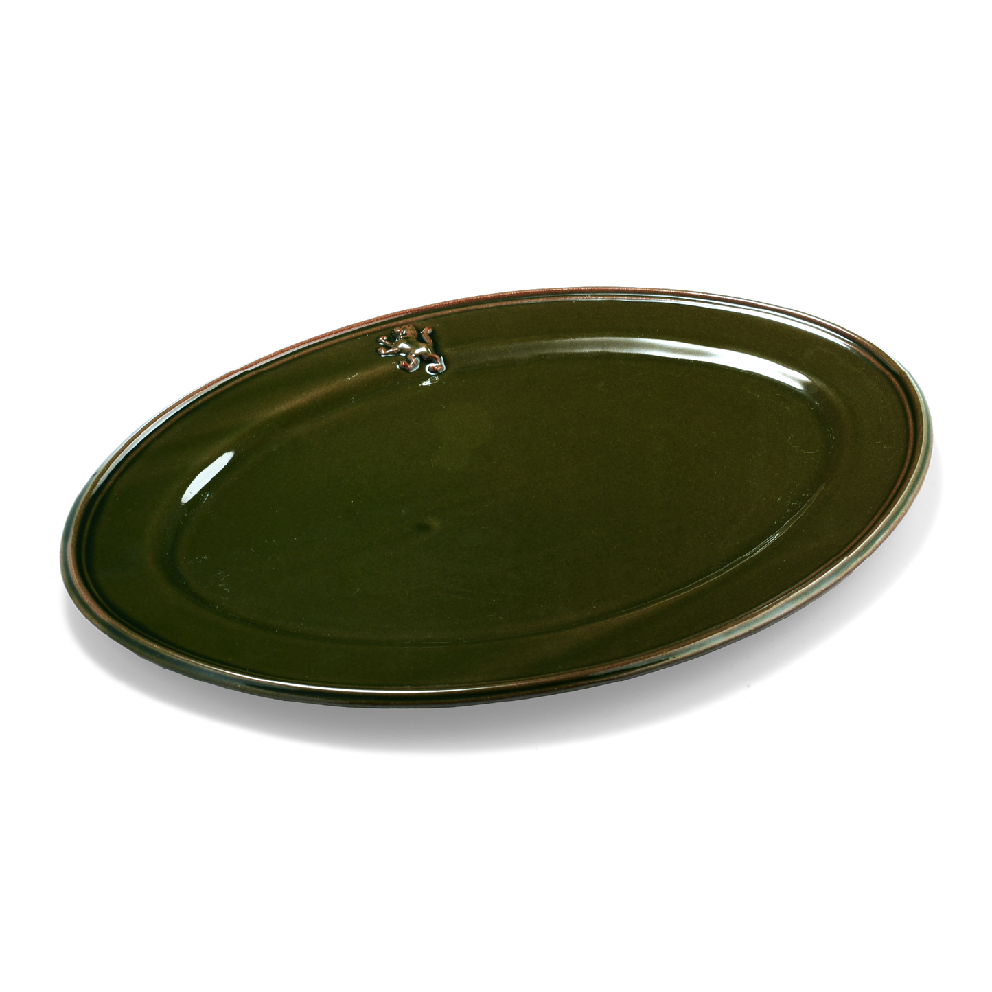 A pack shot of Studio M' Malta Oval Plate 28cm in an earthy green glaze from the side angle. 