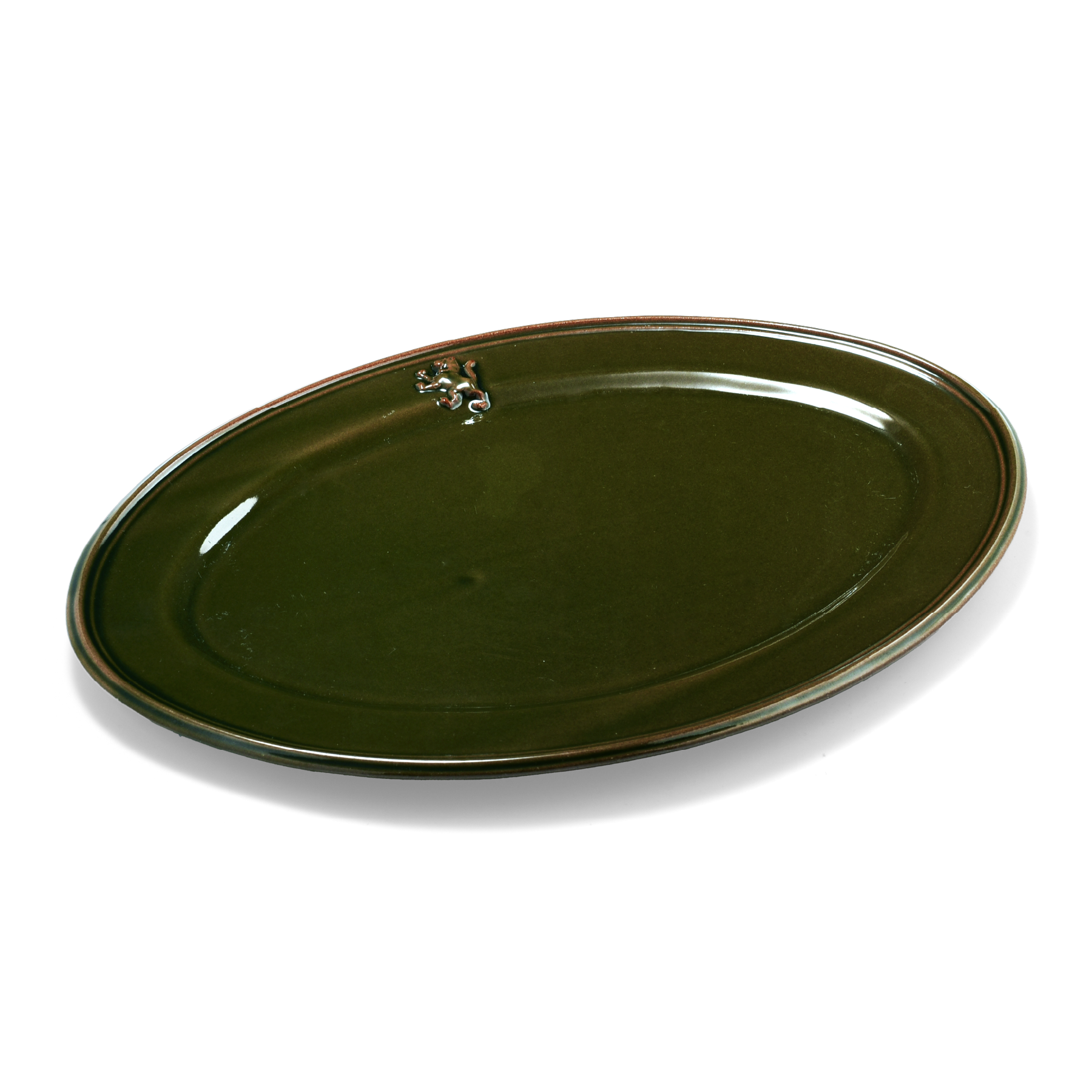 A pack shot of Studio M' Malta Oval Plate 28cm in an earthy green glaze from the side angle. 