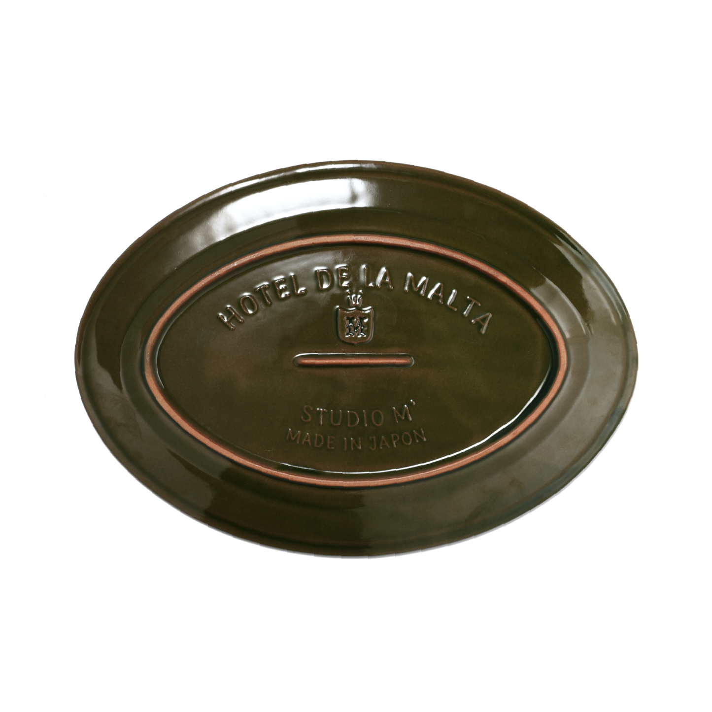 A pack shot of the base of Studio M' Malta Oval Plate 28cm in an earthy green glaze.