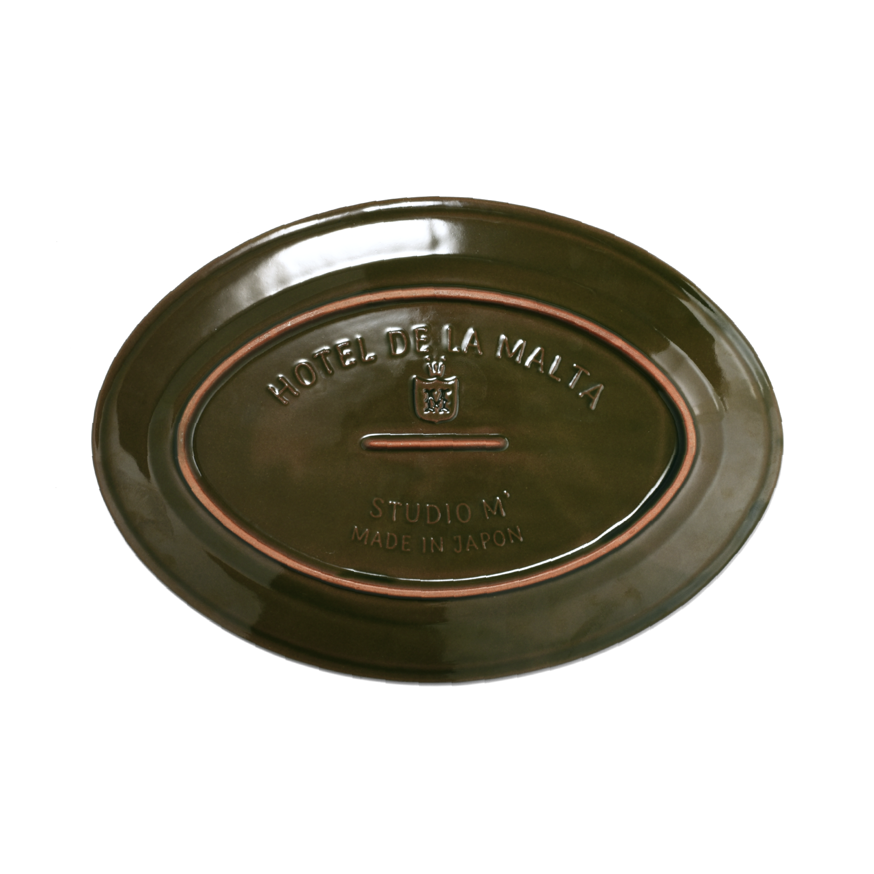 A pack shot of the base of Studio M' Malta Oval Plate 28cm in an earthy green glaze.
