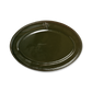 A pack shot of Studio M' Malta Oval Plate 28cm in an earthy green glaze, featuring a sleek, almond-like oval shape and an embossed vintage-style cat crest on the rim.