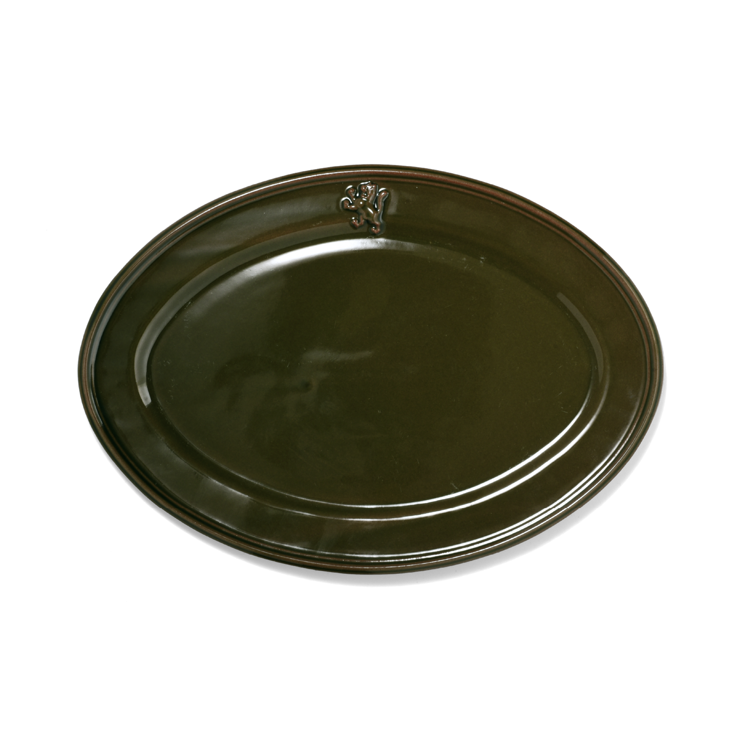 A pack shot of Studio M' Malta Oval Plate 28cm in an earthy green glaze, featuring a sleek, almond-like oval shape and an embossed vintage-style cat crest on the rim.