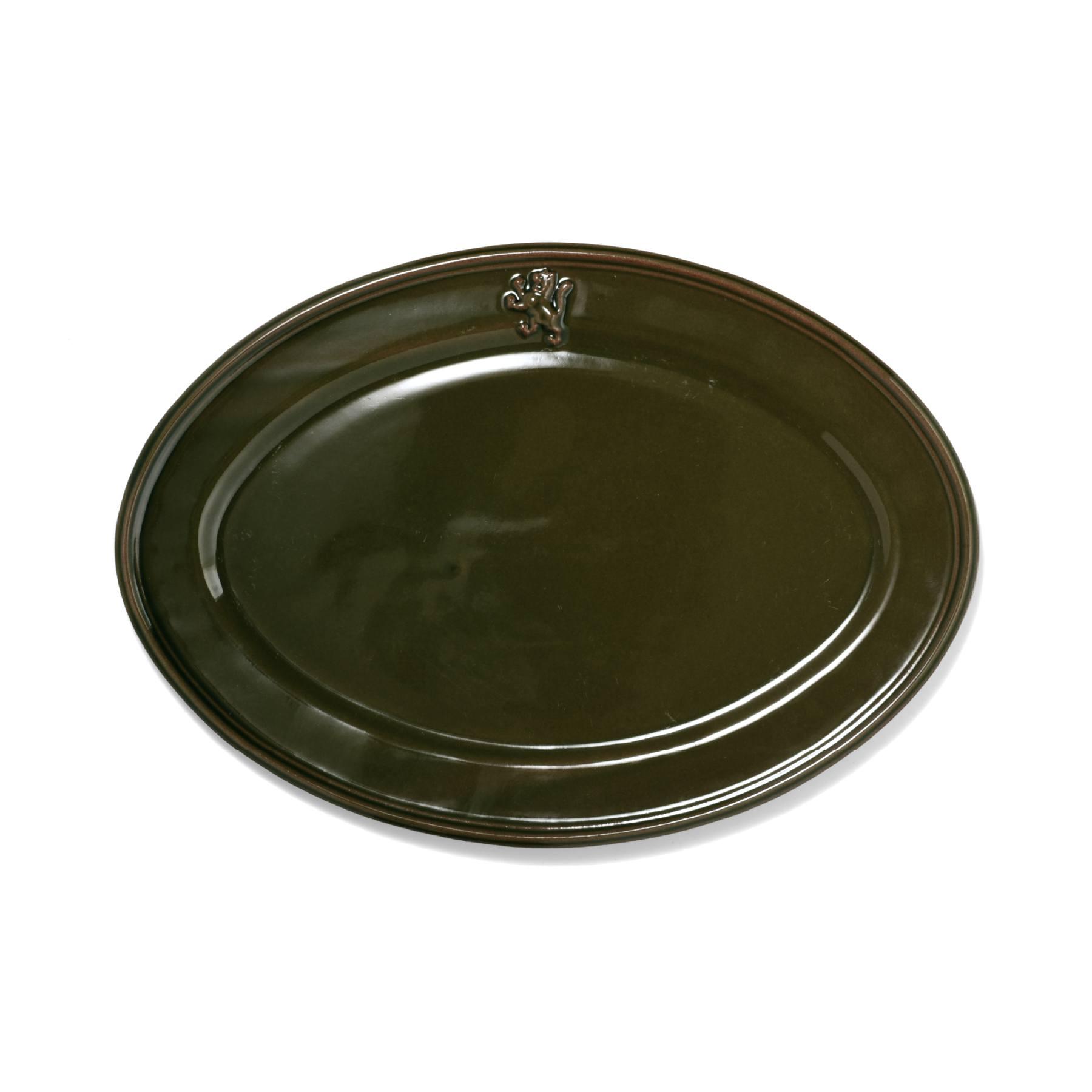 A pack shot of Studio M' Malta Oval Plate 28cm in an earthy green glaze, featuring a sleek, almond-like oval shape and an embossed vintage-style cat crest on the rim.