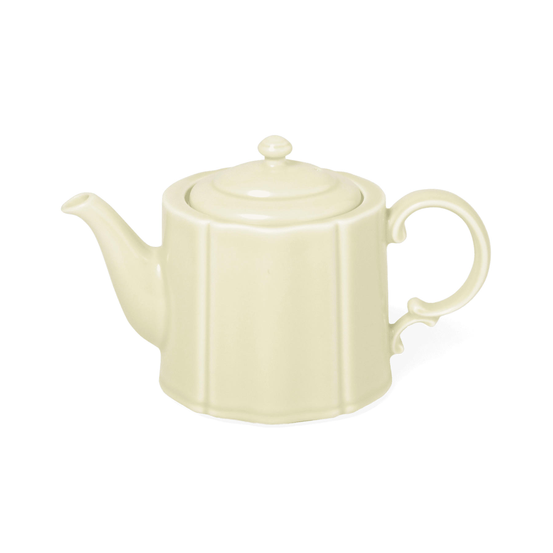 A pack shot of Studio M' Pungency Teapot in a soft pale green porcelain, featuring an elegant oval shape, refined curves, and a vintage-inspired vine-like handle.