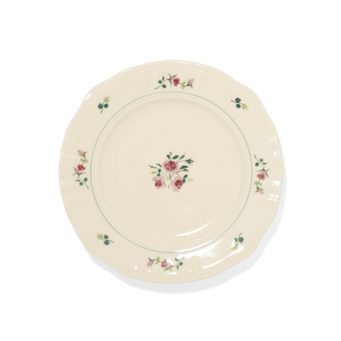 A pack shot of Studio M' Rosier Plate 16.5cm in a warm, subtle beige glaze, featuring a vintage-inspired red rose motif and an elegantly tiered, hand-painted rim.