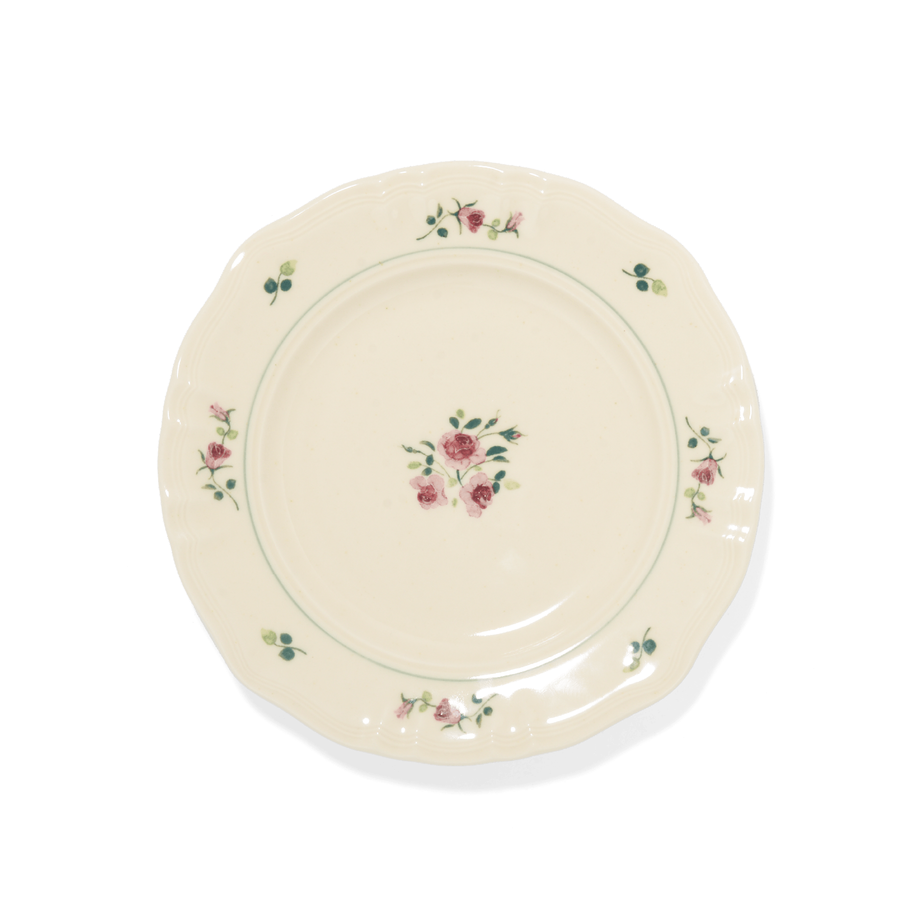 A pack shot of Studio M' Rosier Plate 16.5cm in a warm, subtle beige glaze, featuring a vintage-inspired red rose motif and an elegantly tiered, hand-painted rim.
