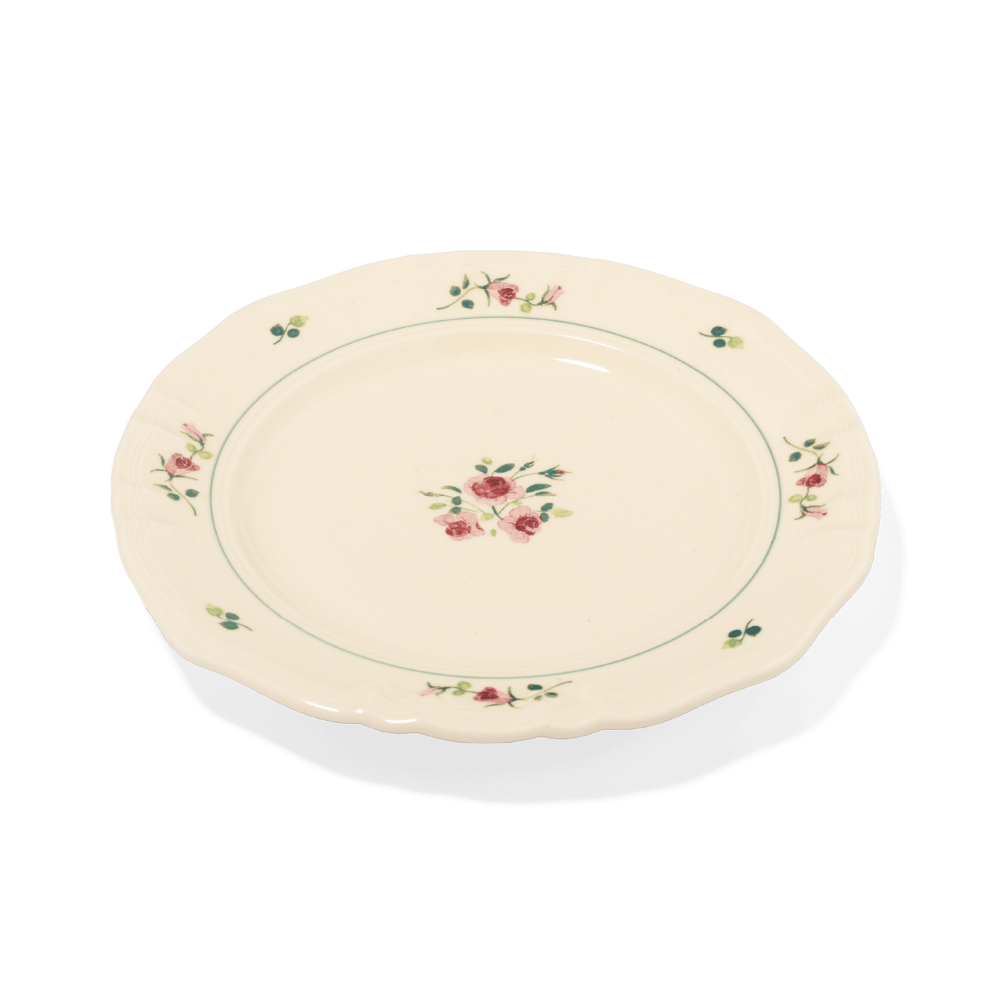 A pack shot of Studio M' Rosier Plate 20cm in a warm, subtle beige glaze, from a side angle.