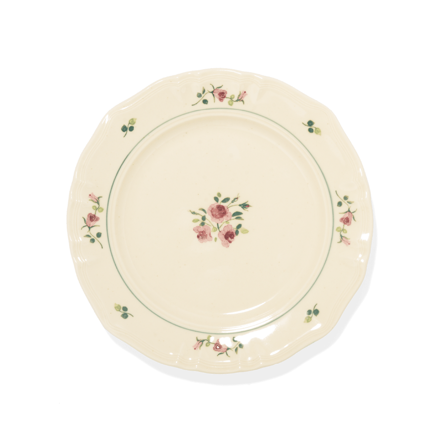 A pack shot of Studio M' Rosier Plate 20cm in a warm, subtle beige glaze, featuring a vintage-inspired red rose motif and an elegantly tiered, hand-painted rim.