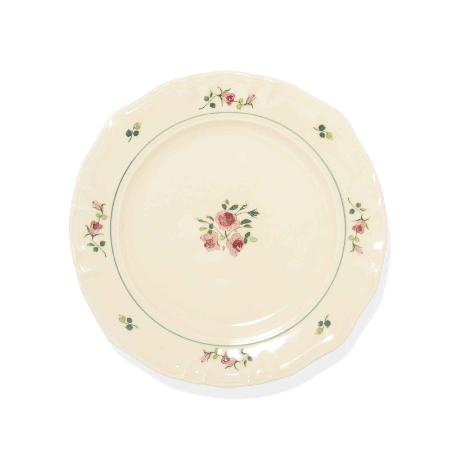 A pack shot of Studio M' Rosier Plate 20cm in a warm, subtle beige glaze, featuring a vintage-inspired red rose motif and an elegantly tiered, hand-painted rim.