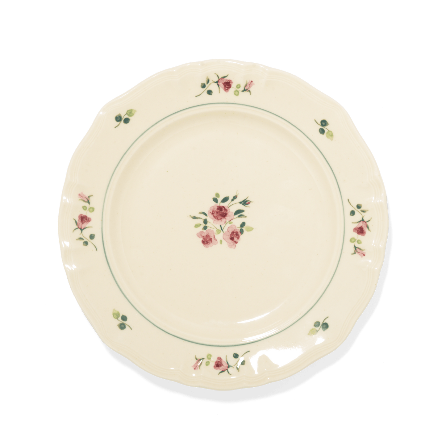 A pack shot of Studio M' Rosier Plate 24cm in a warm, subtle beige glaze, featuring a vintage-inspired red rose motif and an elegantly tiered, hand-painted rim.
