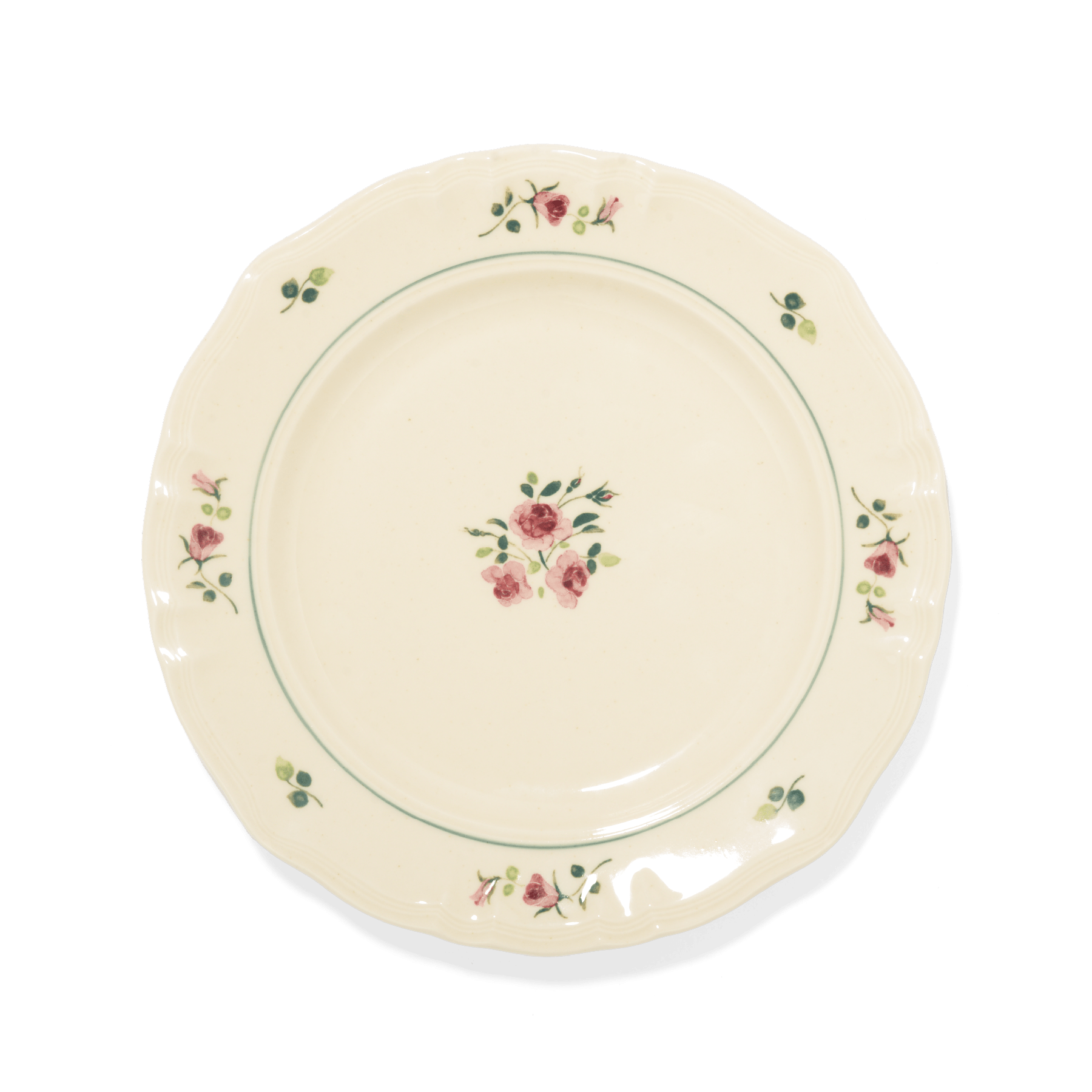 A pack shot of Studio M' Rosier Plate 24cm in a warm, subtle beige glaze, featuring a vintage-inspired red rose motif and an elegantly tiered, hand-painted rim.