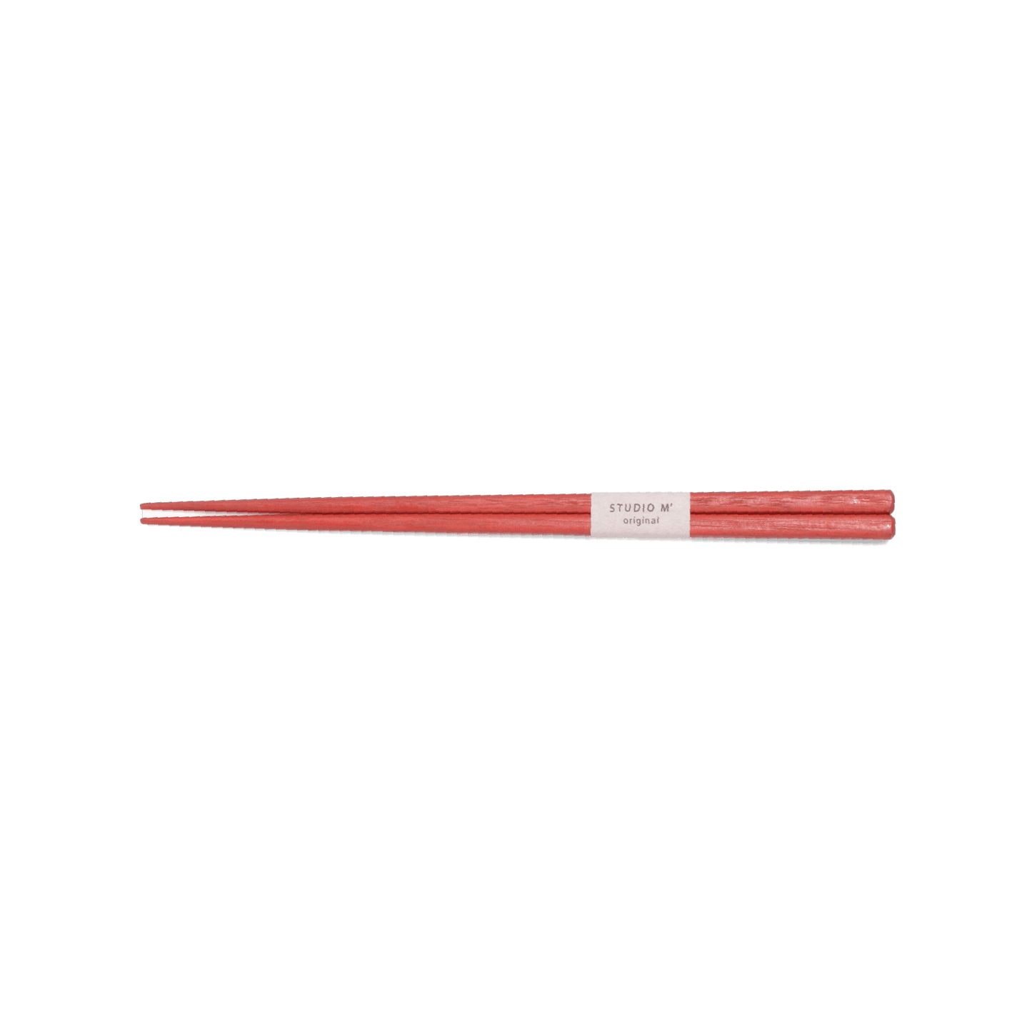 A pack shot of Studio M' Lacquered Chopsticks featuring a sleek, minimalist profile and a subtle matte vermilion wipe-lacquer finish over natural wood grain.